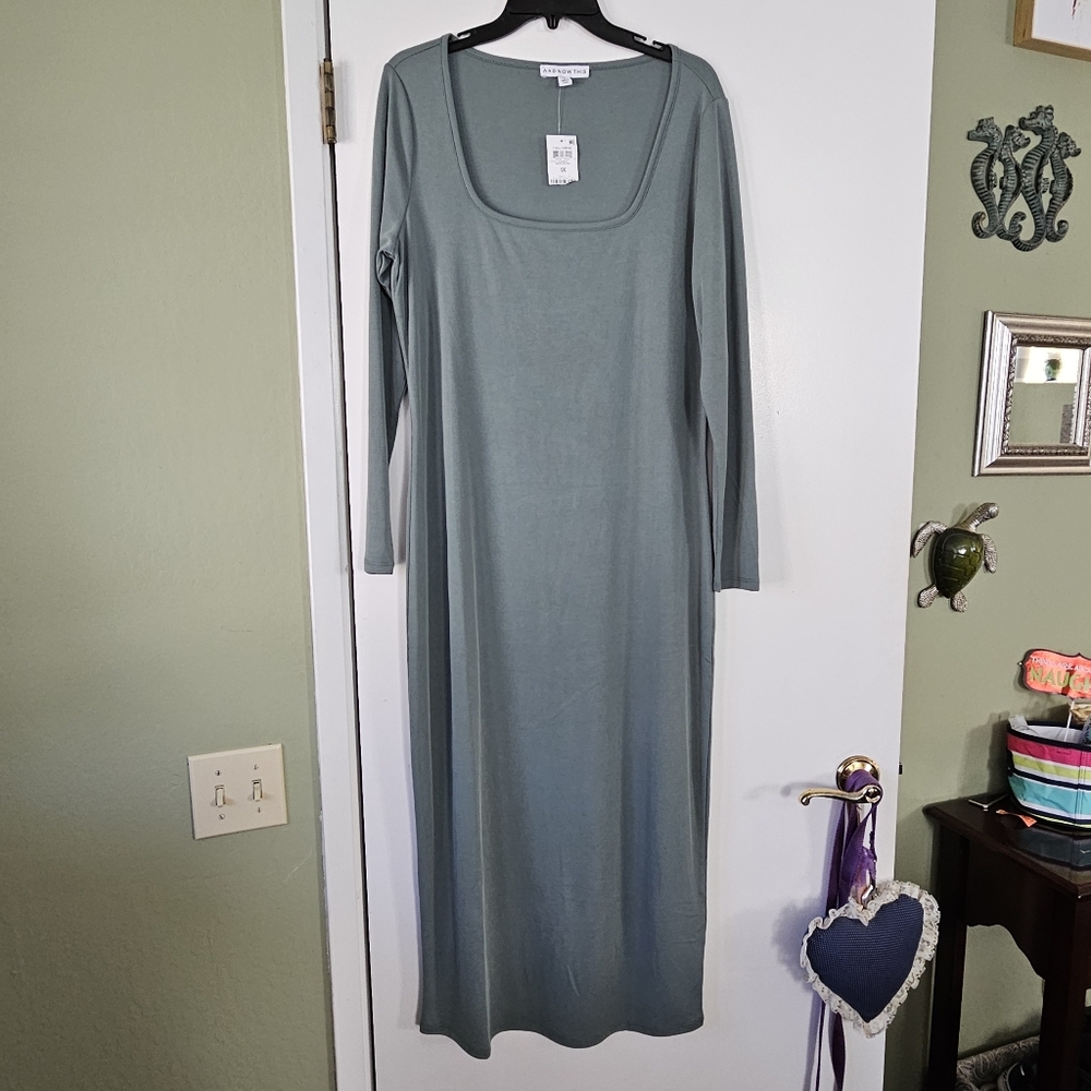 Casual Ribbed Sage Green Long Sleeve Maxi Dress 1X NWT